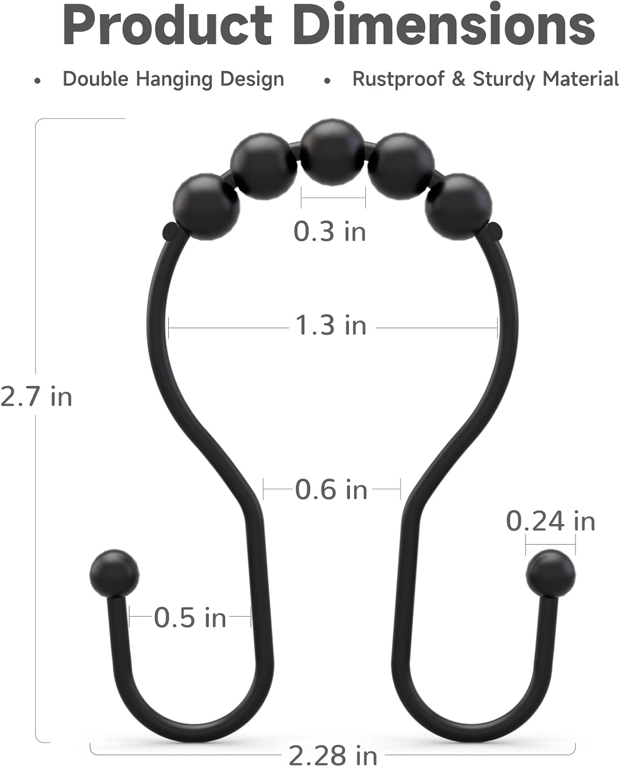 Bathway Shower Curtain Hooks Shower Curtain Rings Black Shower Curtain Hooks RustProof Smooth Metal Double Shower Curtain Hook, Shower Hooks for Shower Curtain Liner Bathroom Shower Rod Hook