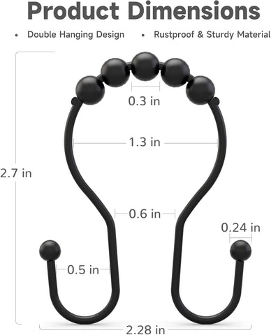 Bathway Shower Curtain Hooks Shower Curtain Rings Black Shower Curtain Hooks RustProof Smooth Metal Double Shower Curtain Hook, Shower Hooks for Shower Curtain Liner Bathroom Shower Rod Hook