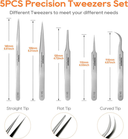 TOWOT Precision Tweezers, 5 PCS Stainless Steel, Non-Magnetic, Heat Resistant, Curved, Jewelry, Electronics, Craft, Soldering, Experimental Work