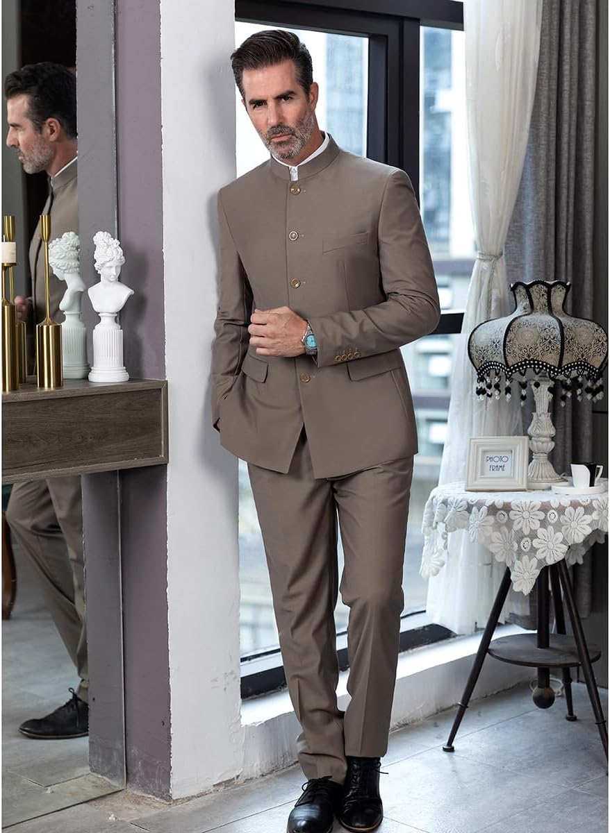 2 Piece Men's Chinese Suit Chinese Stand Collar Slim Fit Suits Front Button Blazer Pant Set
