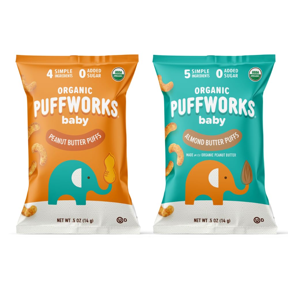 Puffworks Organic Baby Peanut & Almond Puffs Variety Pack, 0.5 oz, 12 Pack