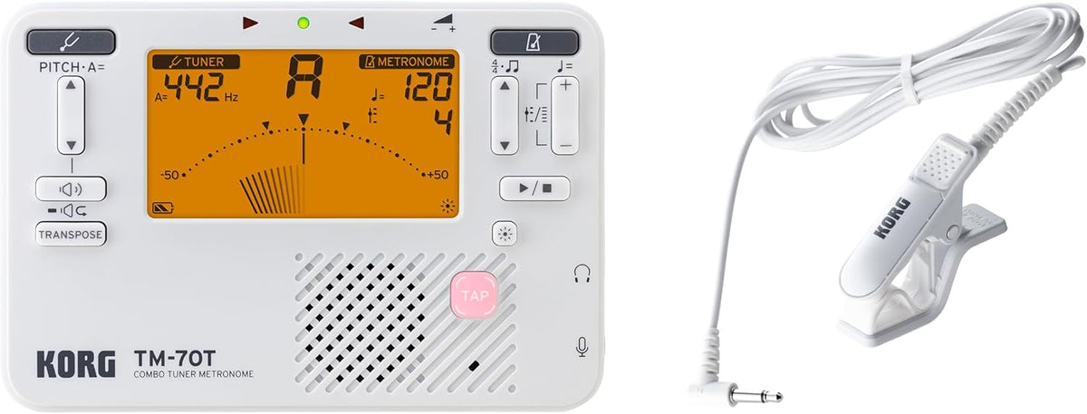 Korg TM-70C Tuner and Metronome w/ Contact Mic, Sound Out Mode, Transpose Mode, and Chromatic Mode - White