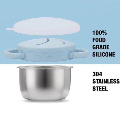 PandaEar 2 Pack Stainless Steel Toddler Snack Cups, Spill Proof Snack Containers with Silicone Food Catcher & Handles, 9 oz Baby Snack Cup Holder with Lid for Kids, Dishwasher Safe (Blue & Pink)