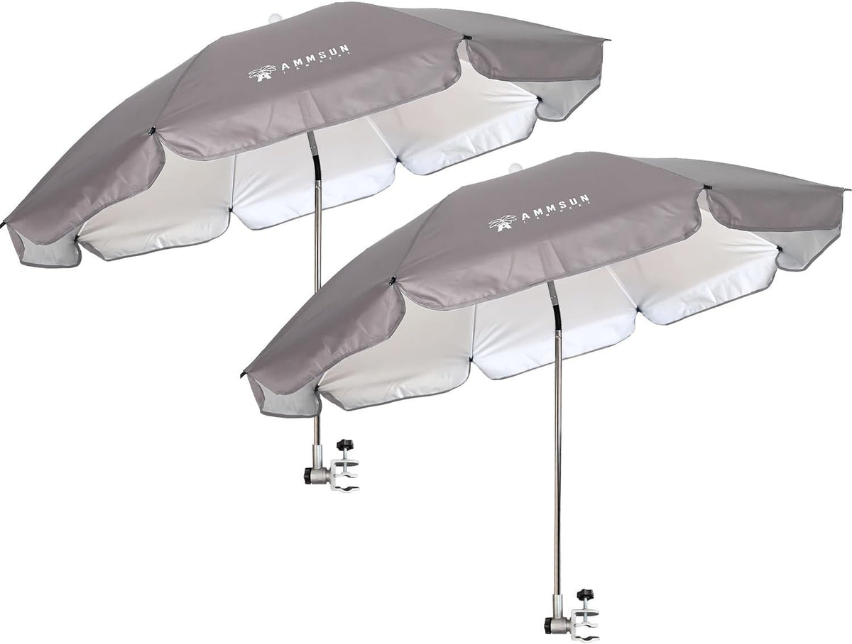 AMMSUN Chair Umbrella with Universal Clamp Adjustable 47 inches and 360° Swivel & UPF 50+ Protection Portable Sun Umbrella, Secure Clip on Camping/Beach Chairs, Stroller, Wheelchair, Golf cart, Lounger, Grey, 2 PACK