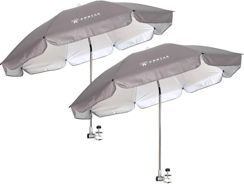 AMMSUN Chair Umbrella with Universal Clamp Adjustable 47 inches and 360° Swivel & UPF 50+ Protection Portable Sun Umbrella, Secure Clip on Camping/Beach Chairs, Stroller, Wheelchair, Golf cart, Lounger, Grey, 2 PACK