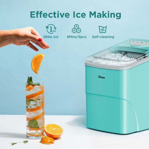 Silonn Ice Makers Countertop, 9 Cubes Ready in 6 Mins, 26lbs in 24Hrs, Self-Cleaning Ice Machine with Ice Scoop and Basket, 2 Sizes of Bullet Ice for Home Kitchen Office Bar Party, Green