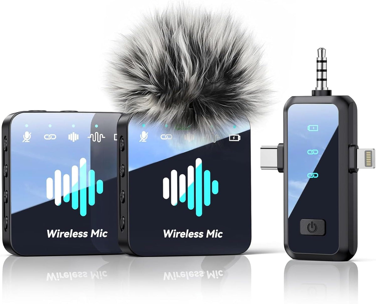MENERESAS Wireless Microphone for iPhone: 40dB Noise Canceling Mini Mic with 20Hz-20kHz Audio, 328ft Range, 20H Battery, 3-in-1 Lavalier Microphone for Video Recording