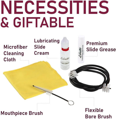 Libretto Trombone All-Inclusive Care Kit: Flexible Bore Brush + Mouthpiece Brush + Slide Cream+ Microfiber Cleaning Cloth + Slide Grease, w/Handy Case, Time to Clean & Extend Life of Your Trombone!