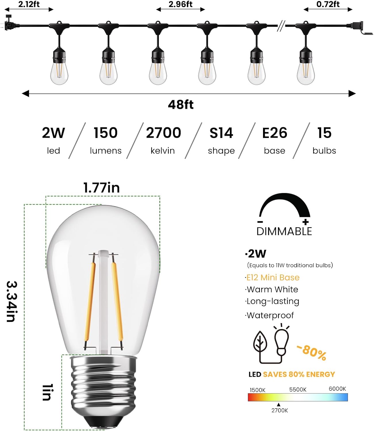 Svater 144 FT Outdoor String Lights 2W LED Outside Edison Waterproof ETL