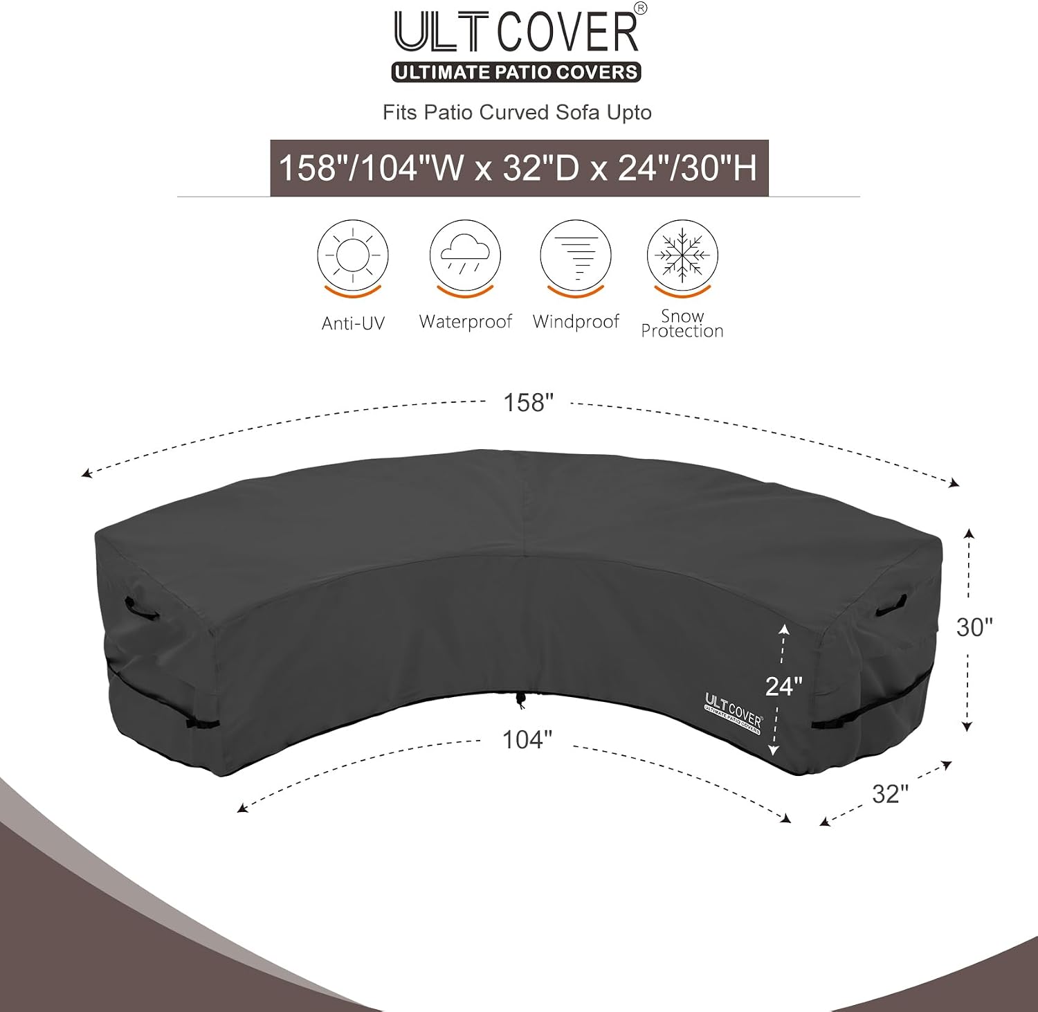 ULTCOVER Waterproof 4-6 Seater Patio Curved Sectional Sofa Cover, Black