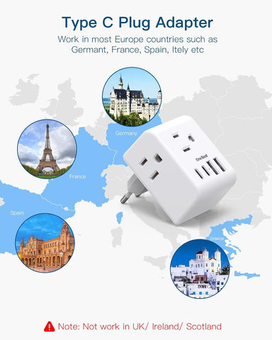European Travel Plug Adapter with 3 Outlets 4 USB Charging Ports(2 USB C)