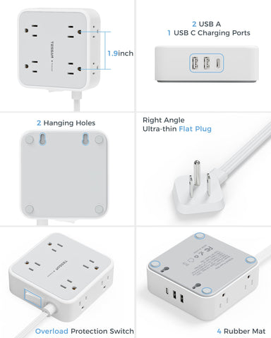 Power Strip Surge Protector 10 Ft Cord, 8 AC Outlets, 3 USB Charger(1 USB C Port), Ultra Thin Extension Cord, Flat Plug, 900 Joules Protection, Desk Charging Station for Home, Office Essentials