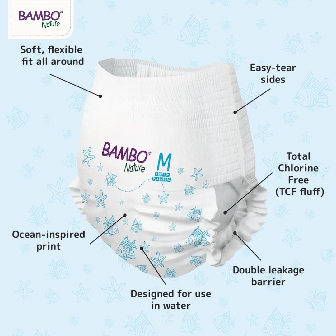 Bambo Nature Hypoallergenic Swim Pants, Eco-Labelled Swim Diapers, Double Leak Barriers - Medium (26+lbs) - 120 Count