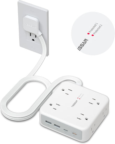 TESSAN Dual Surge Protector Power Strip, 5 Ft Extension Cord Flat Wall Plug