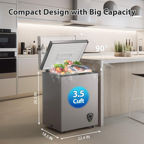Lifeplus Chest Freezer, 3.5 Cubic Feet Small Deep Freezer Compact Top Open Door with Removable Basket, 7 Temperature Control Energy Saving Super Quiet for Kitchen Office Apartment Garage, Grey
