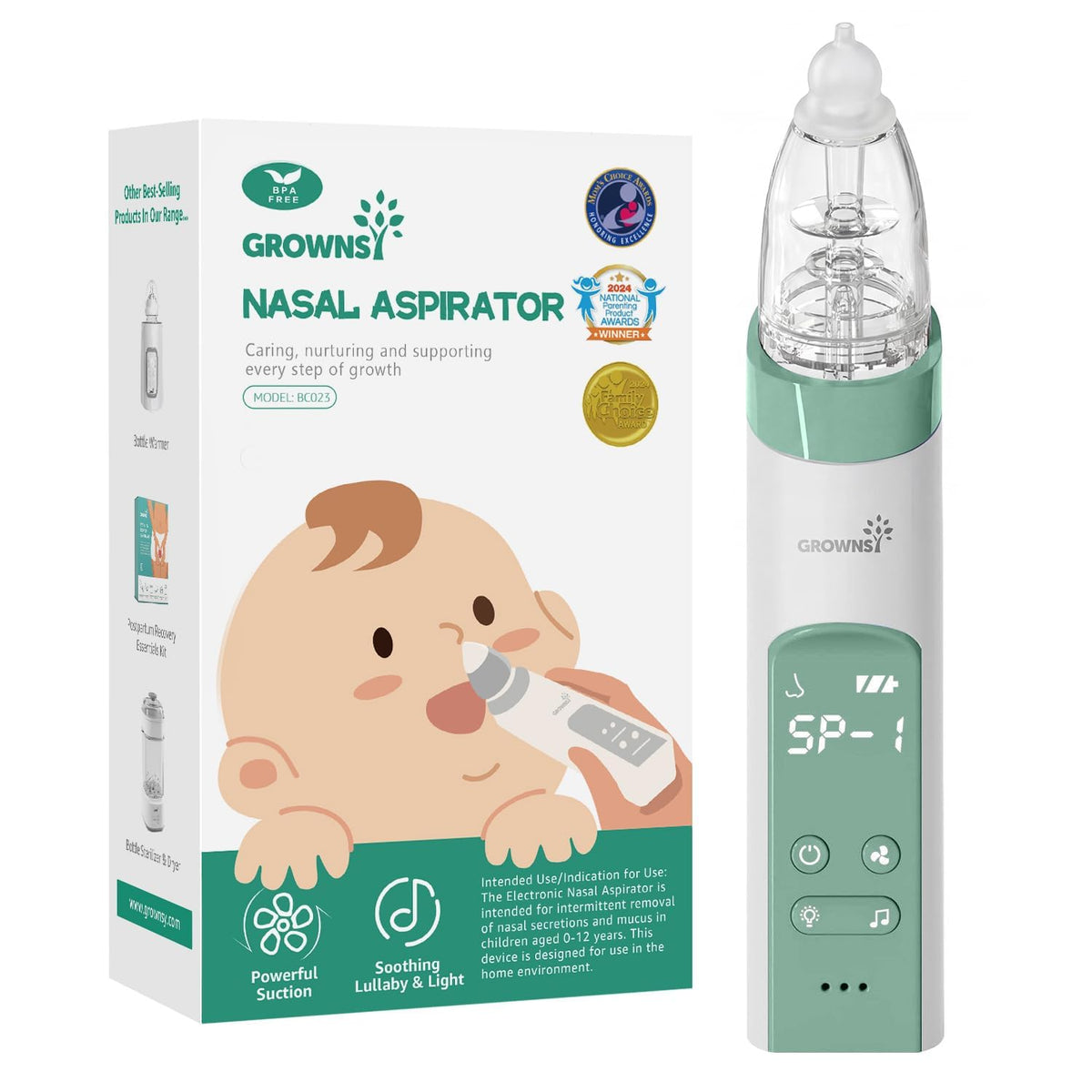 GROWNSY Electric Nasal Aspirator for Baby, Nose Sucker with 3 Tips, Green