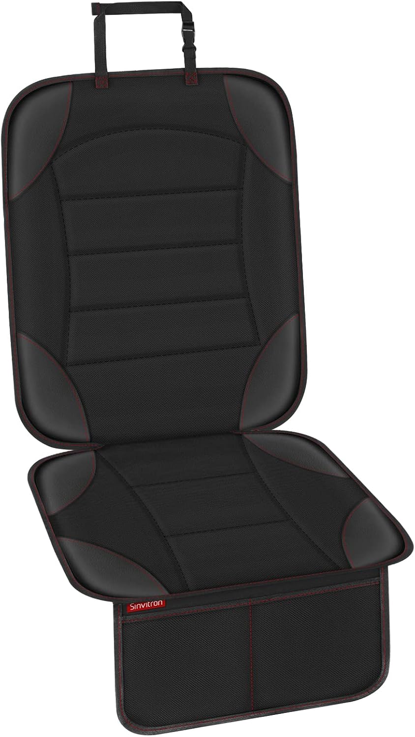 Sinvitron Car Seat Protector for Child Car Seat - Waterproof Non-Slip Leather Mat with 2 Mesh Pockets, Universal Seat Cover for Baby, Pets & Vehicles (1-Pack, Black)