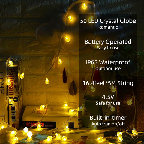Metaku 16.4Ft 50LED Battery Operated Globe String Lights with Remote