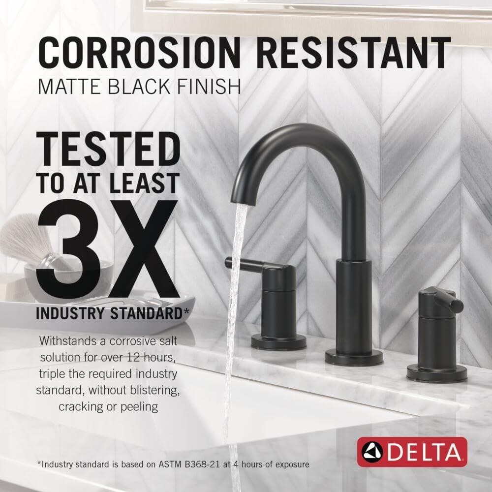 Delta Faucet Nicoli Widespread Bathroom Faucet 3 Hole, Matte Black Bathroom Faucet, Bathroom Sink Faucet, 2 Handle Bathroom Faucet, Bath Faucet, Drain Assembly, Matte Black 35749LF-BL