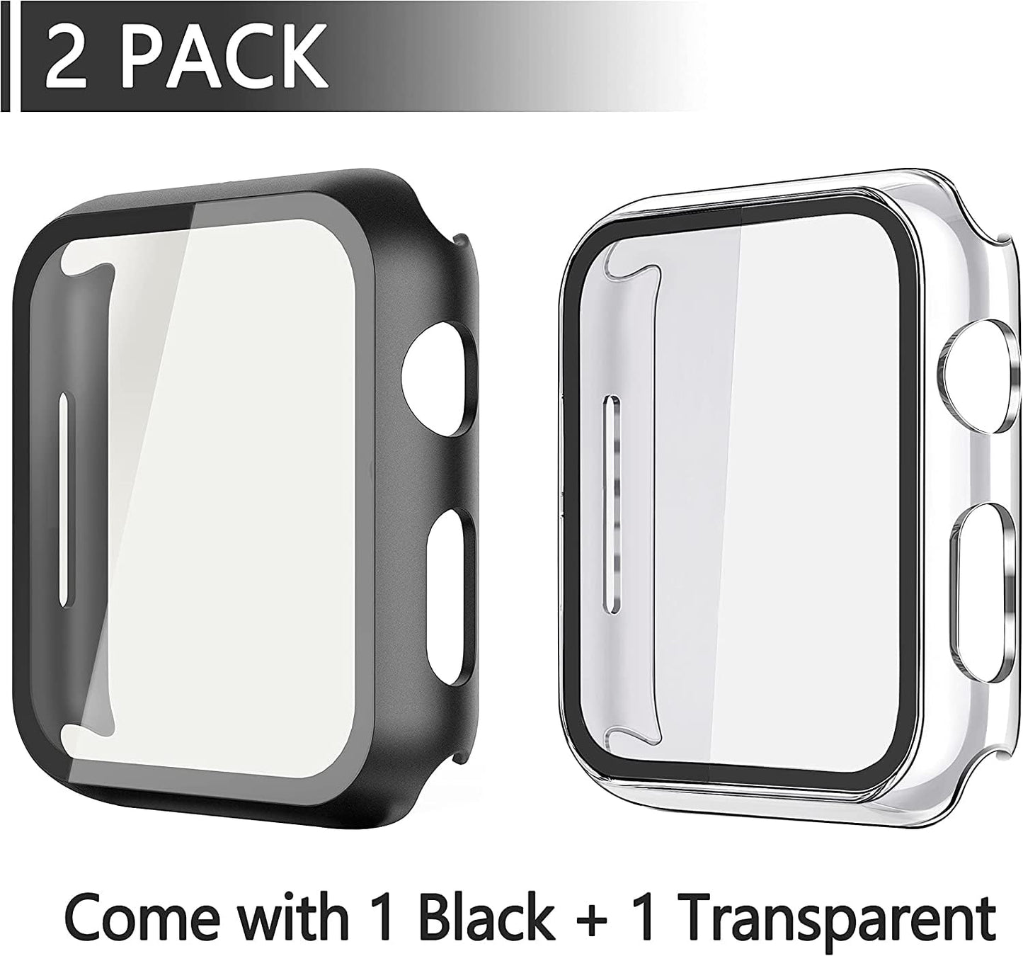 Misxi 2 Pack PC Case with Tempered Glass Screen Protector Compatible with Apple Watch Series 6 SE Series 5 Series 4 44mm, Overall Shockproof Protective Cover for iWatch, 1 Black + 1 Transparent