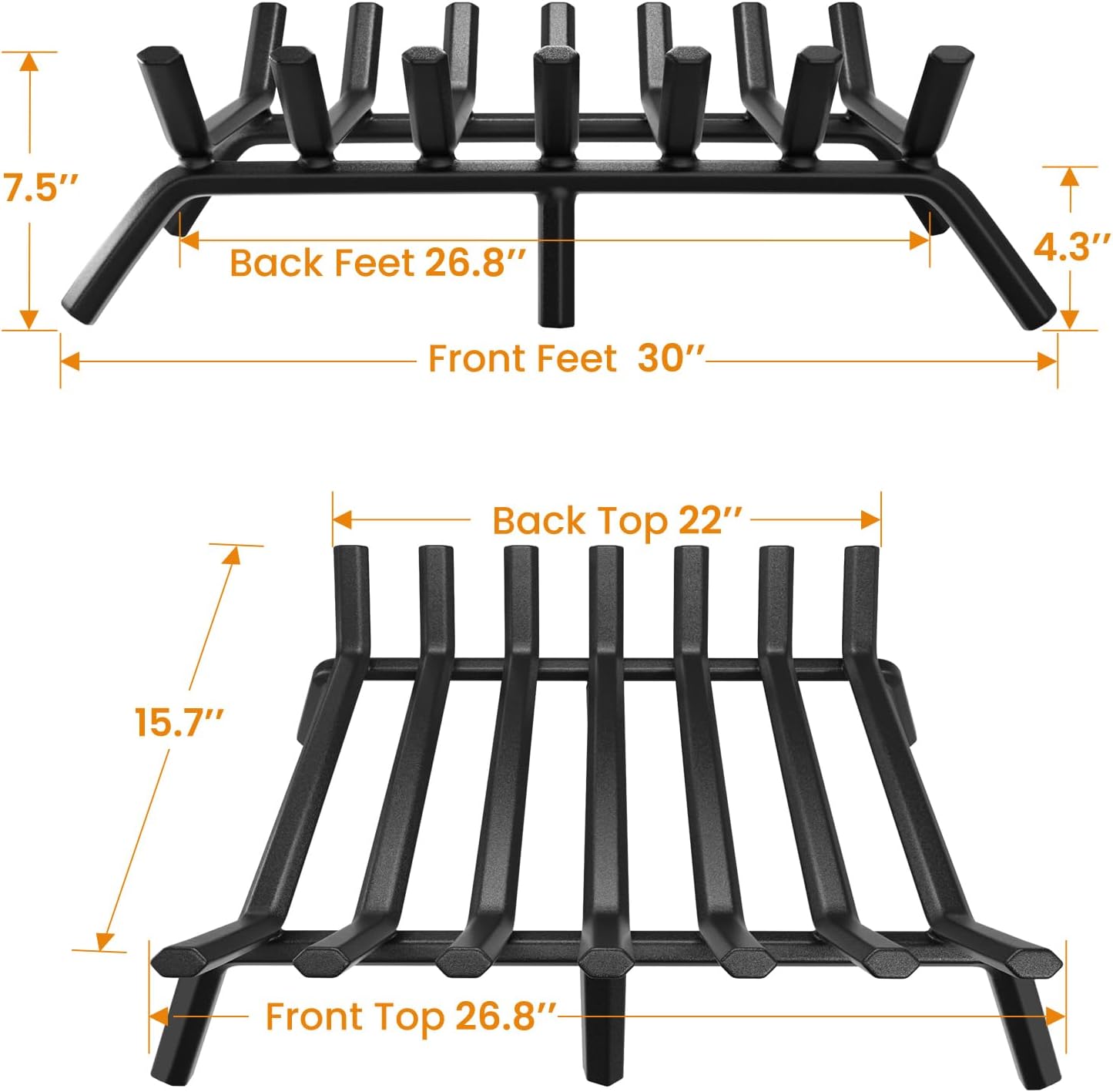 AMAGABELI GARDEN & HOME Fireplace Grate 30 inch Fire Pit Grate Fire Place Log Holder Wrought Iron Heavy Duty Solid Steel Indoor Outdoor Camping Hearth Firepit Firewood Wood Burning Rack Stove
