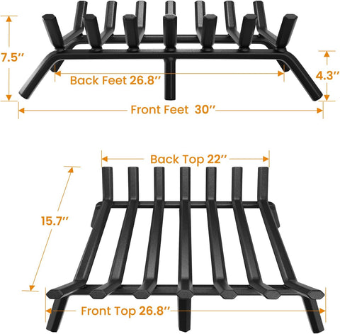 AMAGABELI GARDEN & HOME Fireplace Grate 30 inch Fire Pit Grate Fire Place Log Holder Wrought Iron Heavy Duty Solid Steel Indoor Outdoor Camping Hearth Firepit Firewood Wood Burning Rack Stove
