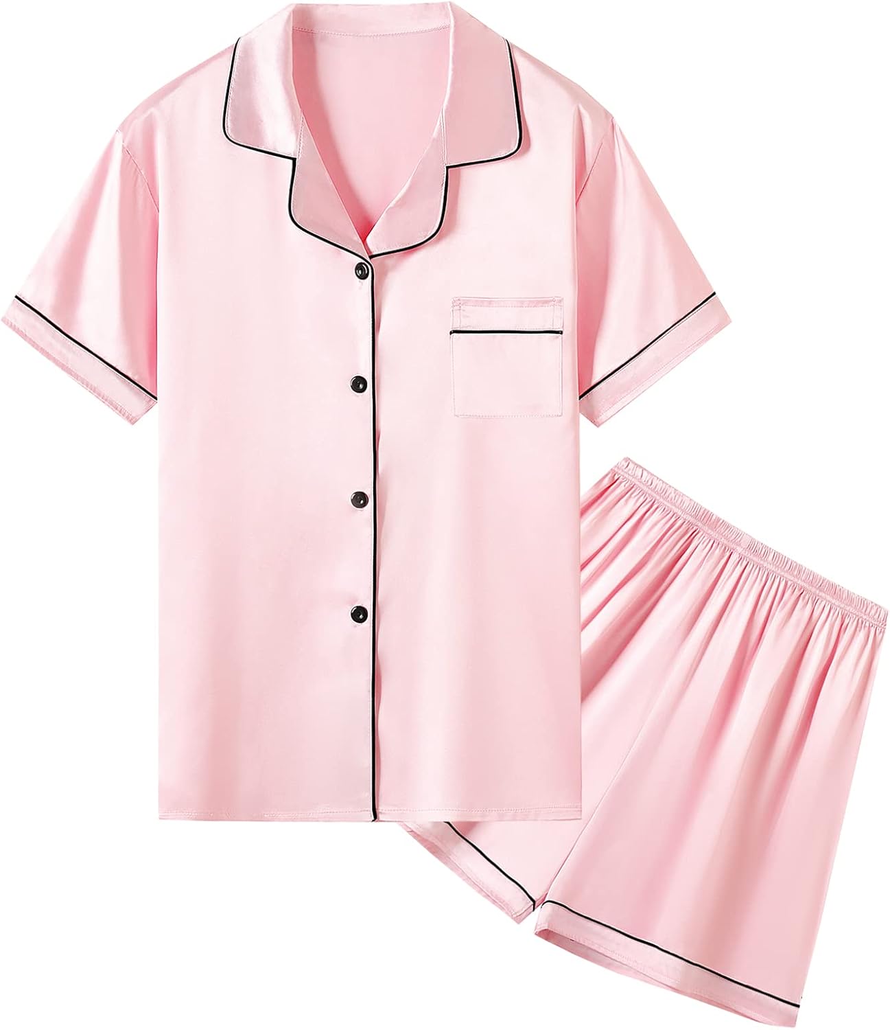 Umeyda Women & Girls Pajamas Set, Soft Satin Lightweight Silk Button-Down Top with Shorts 2 Piece PJS for Mom Boys Kids Gifts