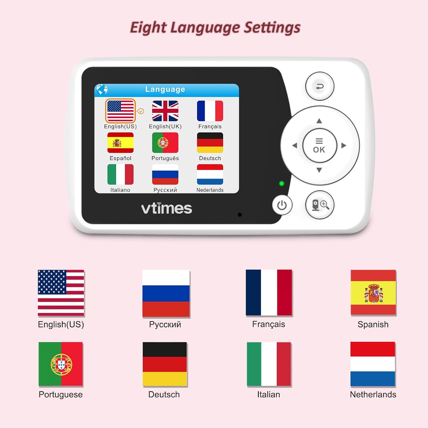 VTimes Baby Monitor with Camera and Audio, No WiFi, 2.4" LCD Screen, Two-Way Talk, Portable, Night Vision, 1000ft Range, Temperature Sensor, Alarm and Lullaby, for Baby Shower