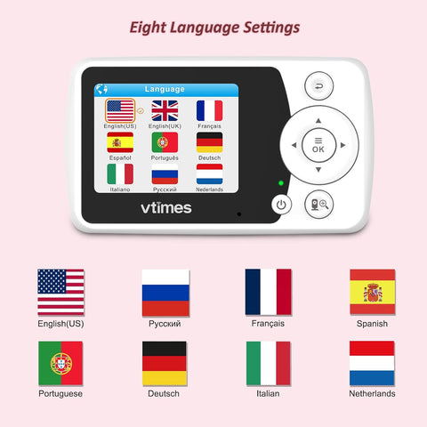 VTimes Baby Monitor with Camera and Audio, No WiFi, 2.4" LCD Screen, Two-Way Talk, Portable, Night Vision, 1000ft Range, Temperature Sensor, Alarm and Lullaby, for Baby Shower