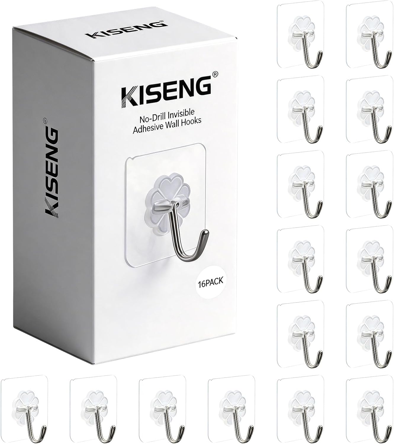 16 Pack Crystal Clear Adhesive Hooks for Hanging, Heavy Duty 22lb