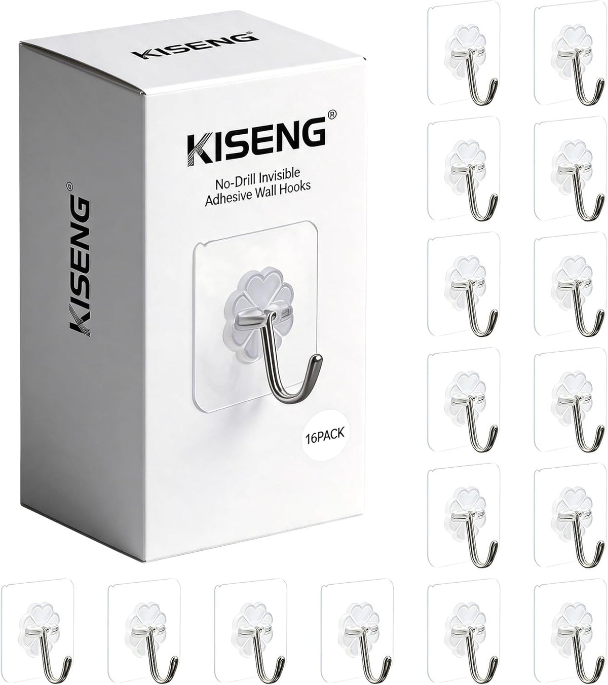 16 Pack Crystal Clear Adhesive Hooks for Hanging, Heavy Duty 22lb