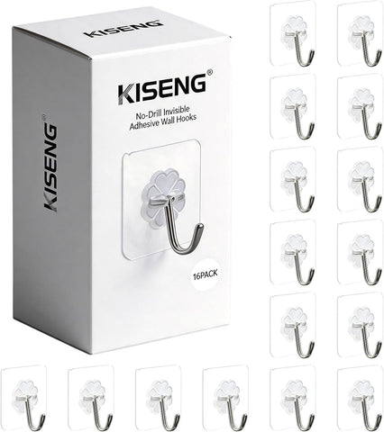 16 Pack Crystal Clear Adhesive Hooks for Hanging, Heavy Duty 22lb