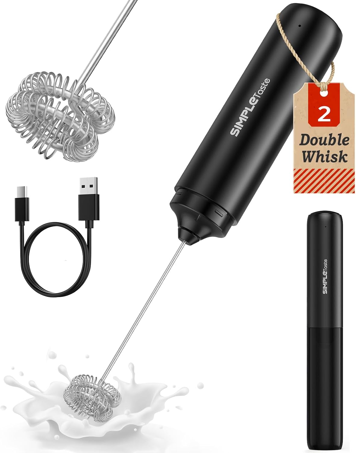 SIMPLETASTE Rechargeable Milk Frother Handheld Dual Coil Whisk Head Mixer