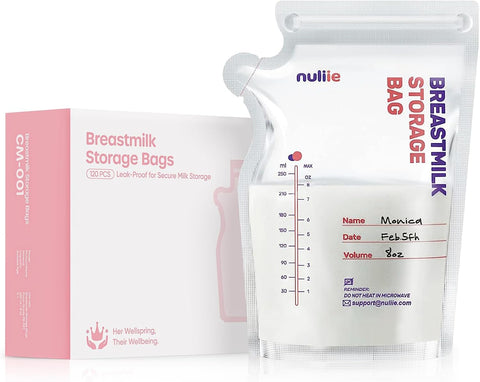 Nuliie 120 Pcs Breastmilk Storage Bags Freezer, 8 OZ Breast Milk Storing Bags, BPA-Free, Milk Storage Bags with Pour Spout for Breastfeeding, Self-Standing Bag, Space Saving Flat Profile