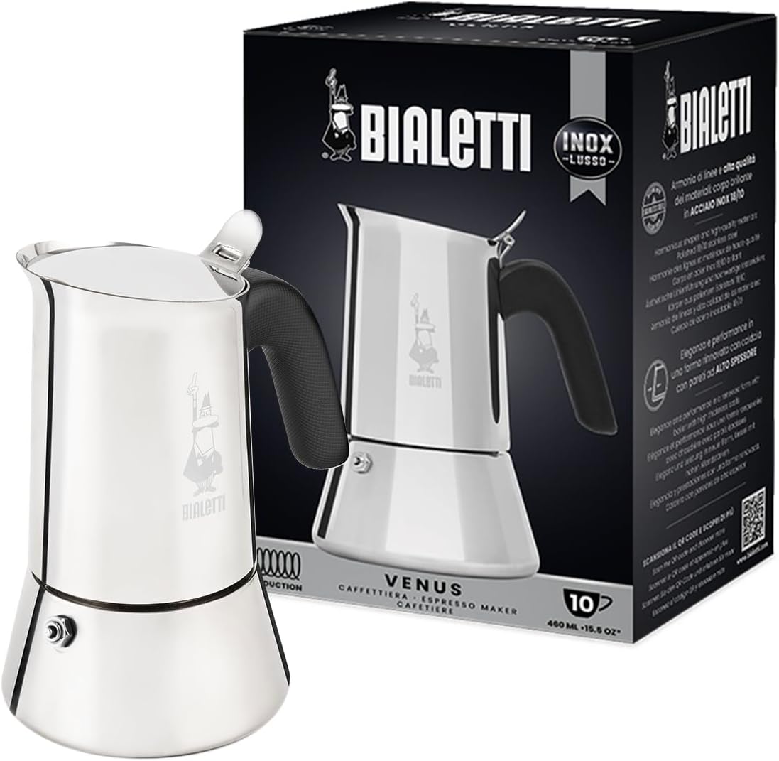 Bialetti Venus Induction Stovetop Espresso Maker – Stainless Steel Espresso Coffee Maker for All Cooktops, Including Induction, 10 Espresso Cups (15.5 oz), Silver