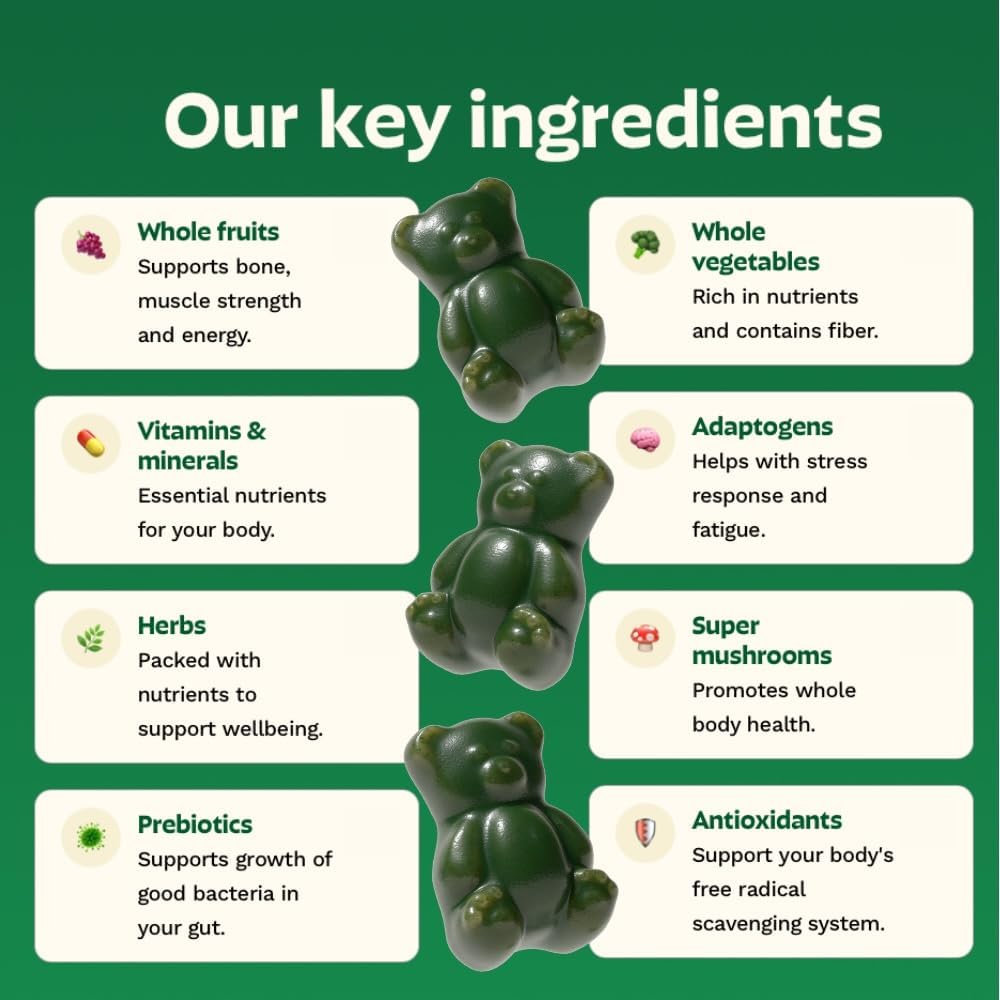 Gruns Adult Greens Gummies & Daily Multivitamin, Prebiotic Fiber, 28 ct