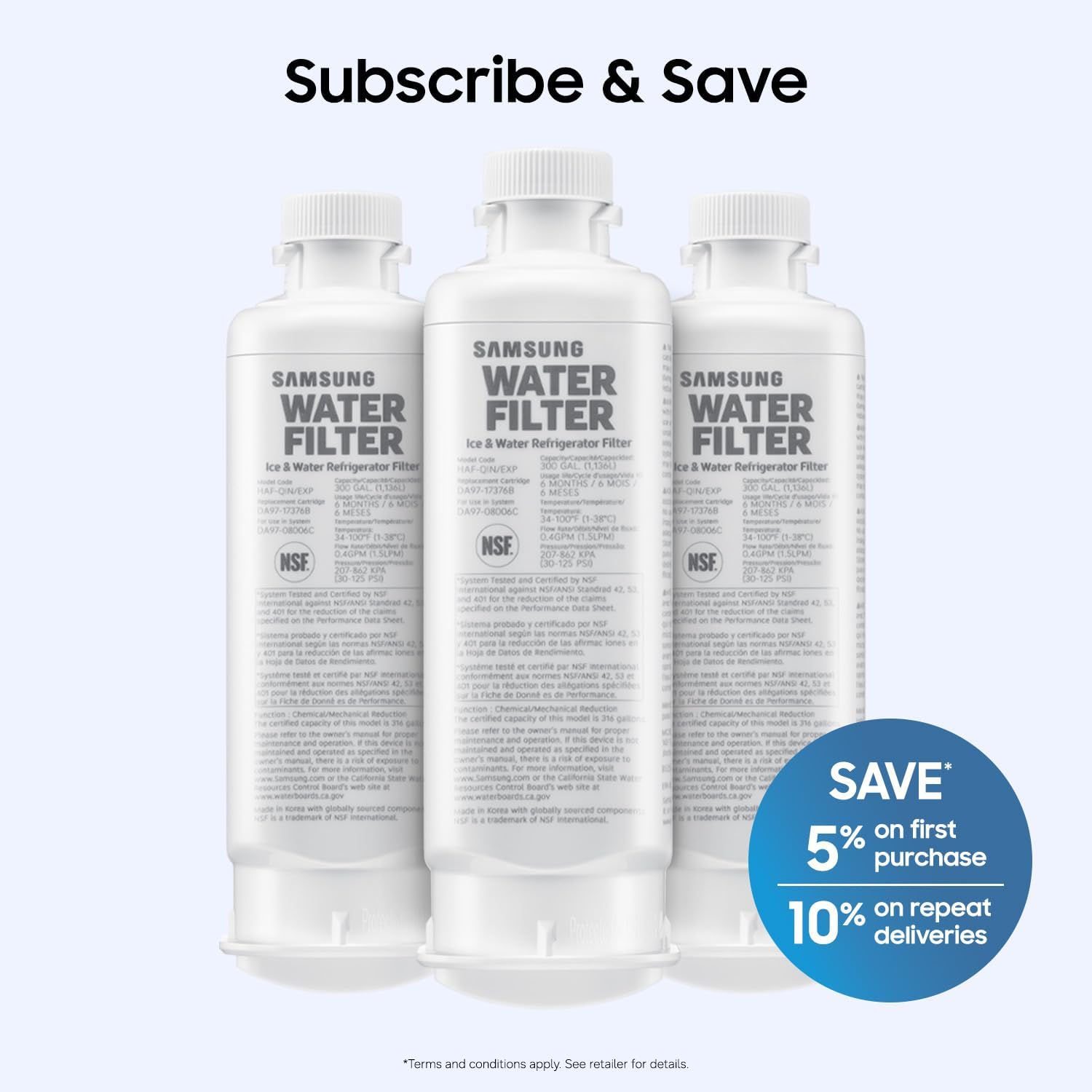 Samsung HAF-QIN/EXP Genuine Refrigerator Water Filter, Reduces 99% of Harmful Contaminants for Clean, Clear Drinking Water, 6-Month Life, Easy Install, Pack of 1