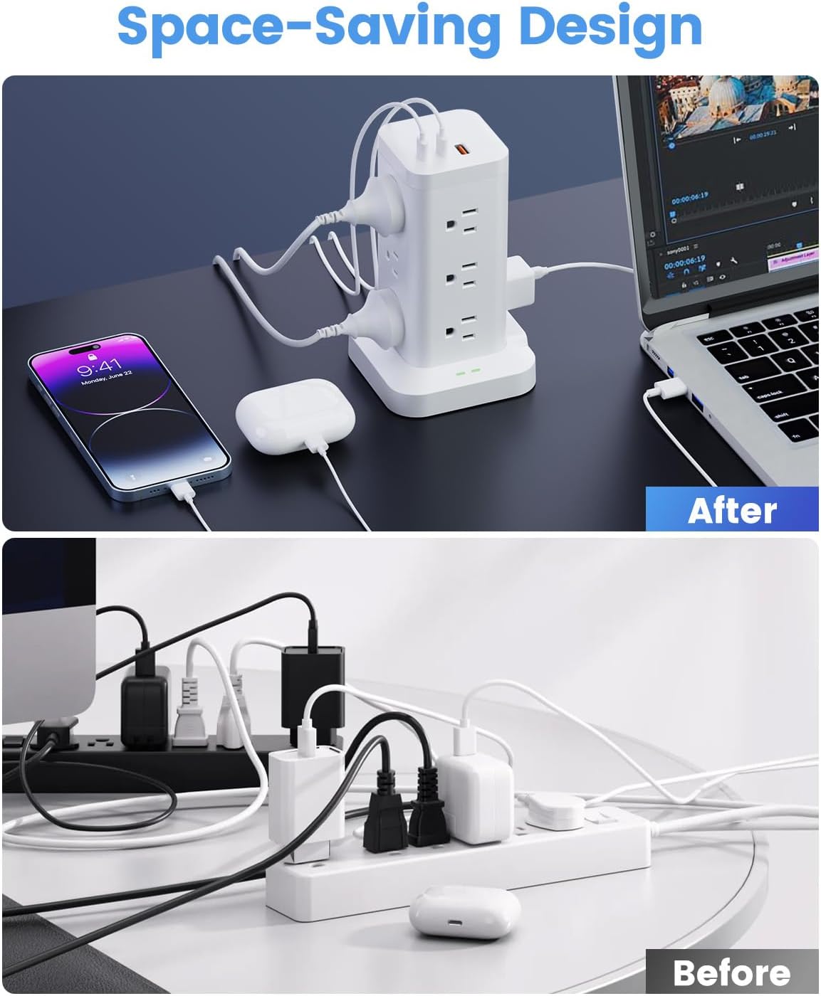 Power Strip Tower with Surge Protector 1800J, Fast Charging Tower PD20W USB-C Ports with 12 AC Outlets, Extension Cord for Home Office Dorm Room,10ft, White