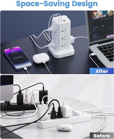 Power Strip Tower with Surge Protector 1800J, Fast Charging Tower PD20W USB-C Ports with 12 AC Outlets, Extension Cord for Home Office Dorm Room,10ft, White
