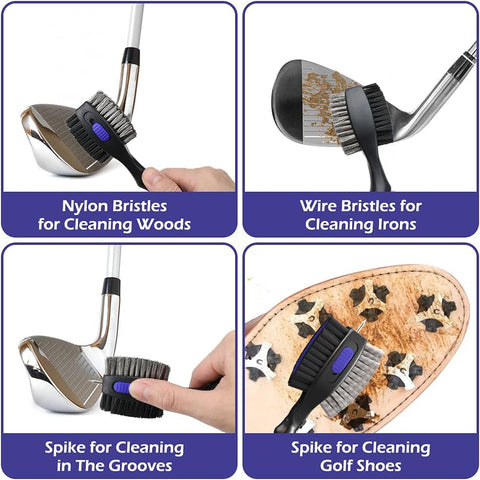 THIODOON 2 Pack Golf Club Brushes and Groove Cleaner 2 ft Retractable Zipline Carabiner Golf Brush Head with Retractable Spike Comfortable Grip Golf Club Cleaner