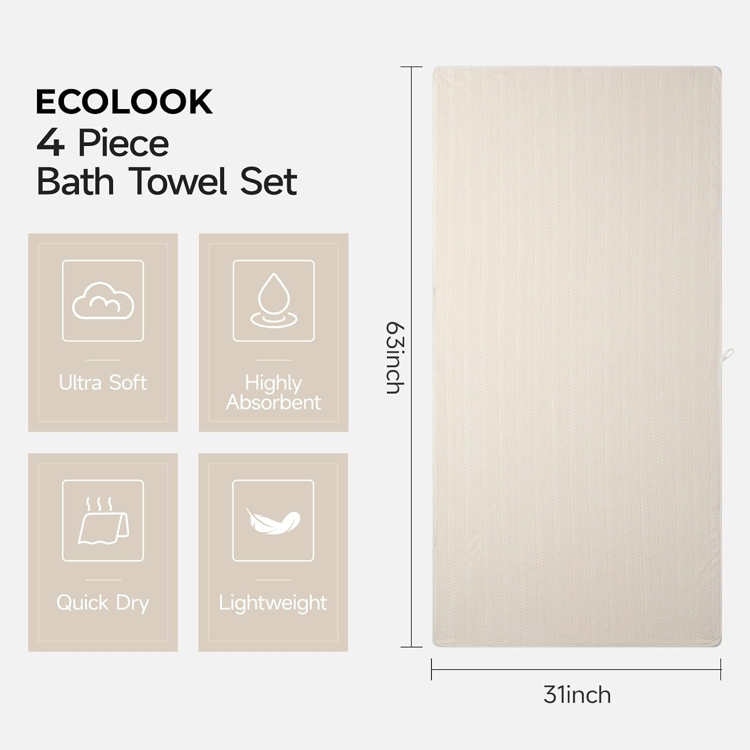 ecolook Microfiber Bath Towels Set of 2, 31 x 63 Inch Extra Large Bath Towel Set, Super Soft & Highly Absorbent, Quick Dry Lightweight Towels for Bathroom, Gym, Spa, Pool & Travel, Beige