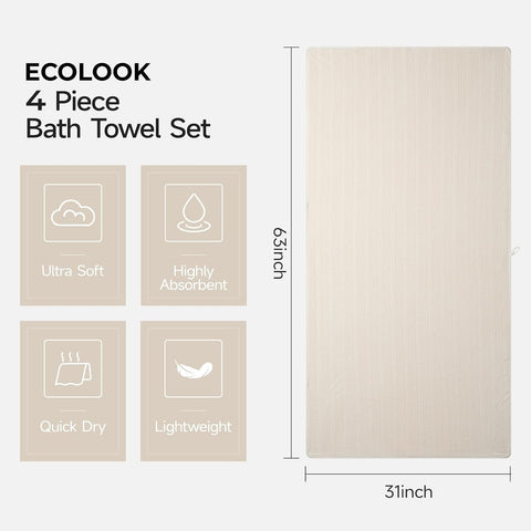 ecolook Microfiber Bath Towels Set of 2, 31 x 63 Inch Extra Large Bath Towel Set, Super Soft & Highly Absorbent, Quick Dry Lightweight Towels for Bathroom, Gym, Spa, Pool & Travel, Beige