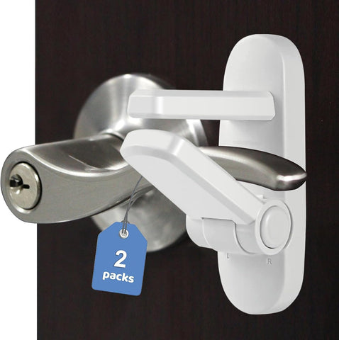 Childproof Door Lever Lock Baby safety locks for doors (2 Pack) Improved door safety for kids, 3M Adhesive No Drilling Child Safety Door Handle Lock. Simple Install, No Tools Needed (White, 2)