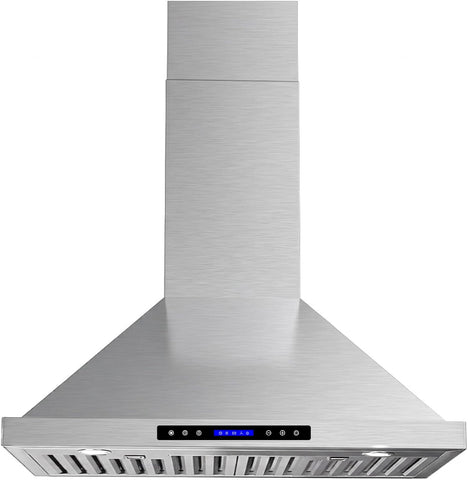 AROAN Wall Mount Range Hood with Ducted/Ductless Convertible Duct, 30 Inch 900CFM Stainless Steel Vent Hood, 4 Speed Touch Panel with 2pcs Adjustable LED Lights (ANTP02-30)
