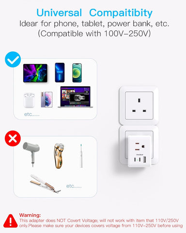 One Beat US to UK Ireland Travel Plug Adapter, Type G Plug Adapter 2 Pack