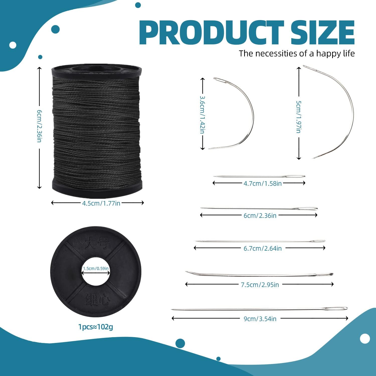 Topus Extra Strong Upholstery Repair Sewing Thread Kit and Heavy Duty Household Hand Needles, Including 7 Styles of Leather Canvas Sewing Needles and 3 Rolls Nylon Thread (70 Yard of Each Roll), Black