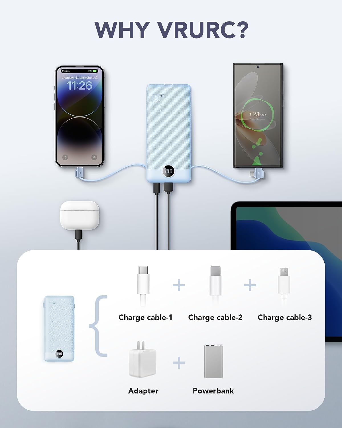 VRURC Portable Charger, Power Bank Built-in Cables and AC Wall Plug