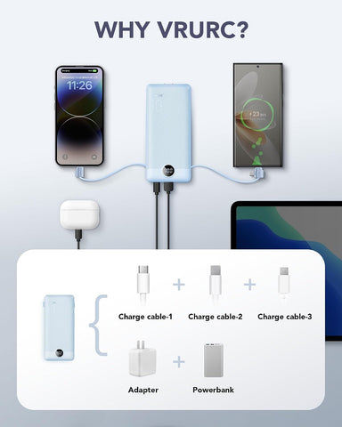 VRURC Portable Charger, Power Bank Built-in Cables and AC Wall Plug