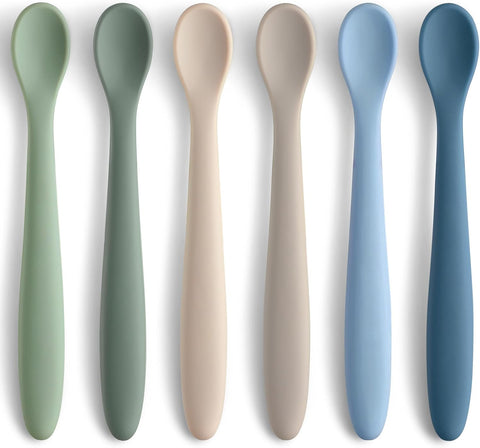 6 Piece Silicone Baby Feeding Spoons, First Stage Infant Soft-Tip Easy on Gums, Training Spoon Self-feeding, Utensils Supplies, Dishwasher & Boil-proof - Blue