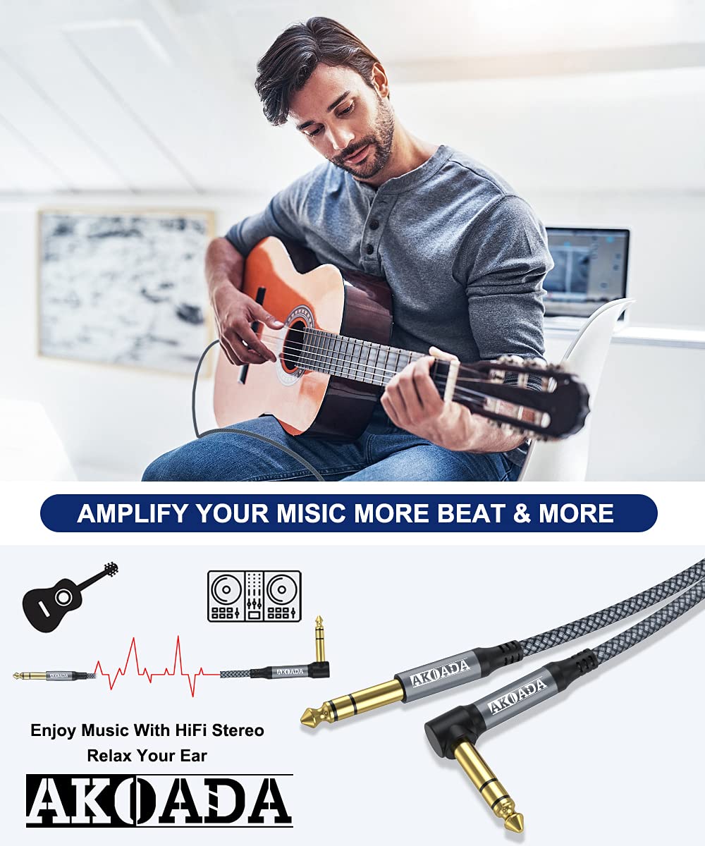 AkoaDa 1/4 Inch TRS Instrument Cable (20 ft 2Pack), Right Angle 6.35mm Male Jack Stereo Audio Interconnect Cord,Compatible for Bass,Keyboard,Mixer,Amplifier,Amp,ect